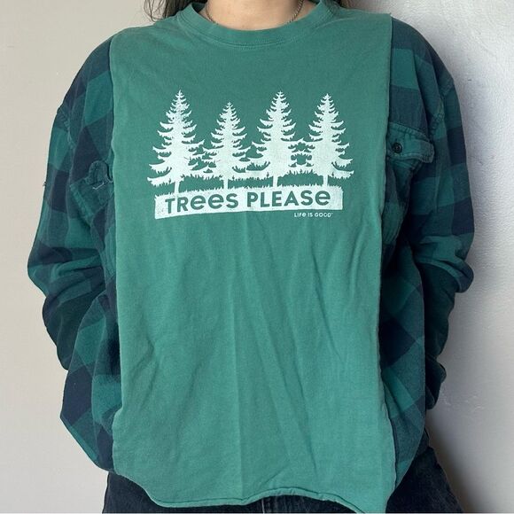 Reworked Upcycled Two Tone Checkered Green Long Sleeve Relaxed Flannel Shirt Top - Picture 2 of 4